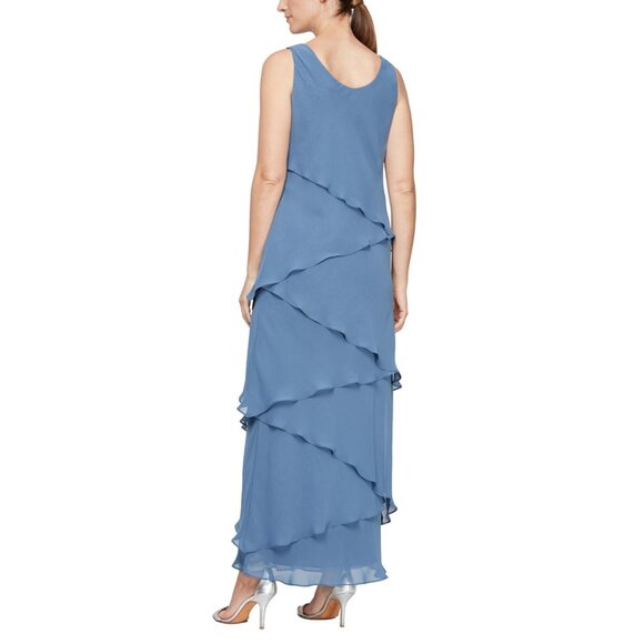 NWT Alex Evenings Wedgewood Blue Long Tiered Ruffle Dress With Jacket - Picture 4 of 6